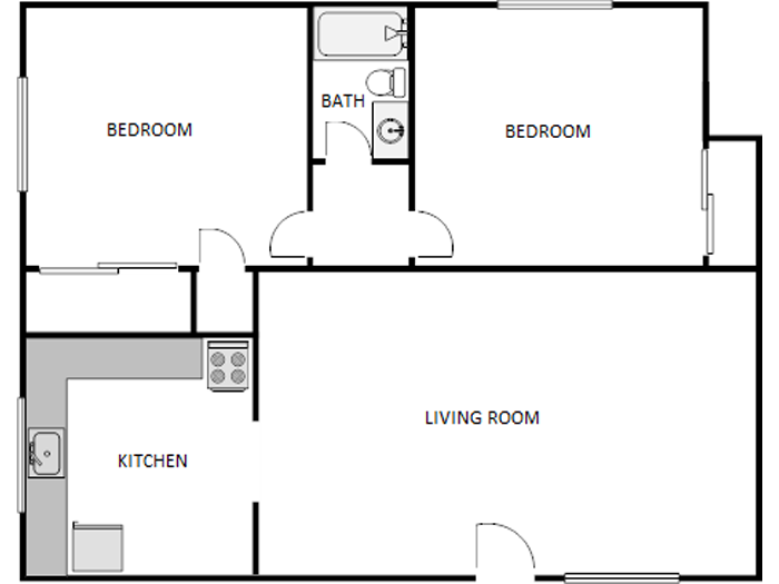 Floor plan for 2 beds, 1 bath, 1030 sqft
